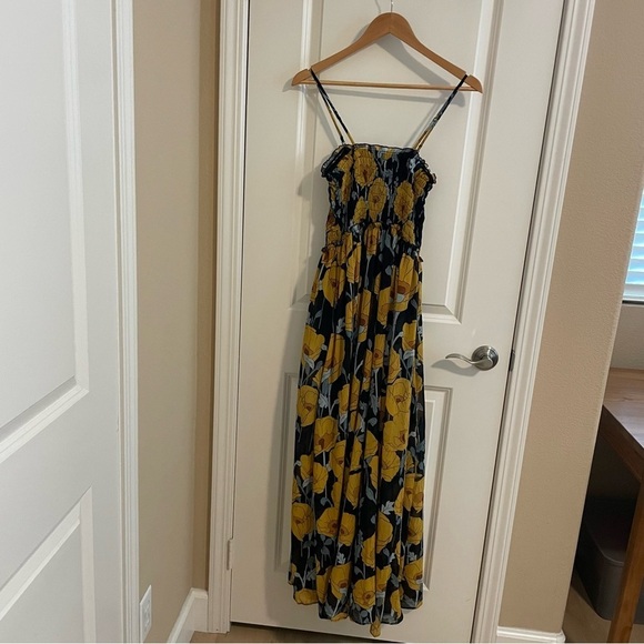 Free People Floral Sophia Jumpsuit Flowy Wide Leg Black and Yellow Boho Size XS - Picture 10 of 12